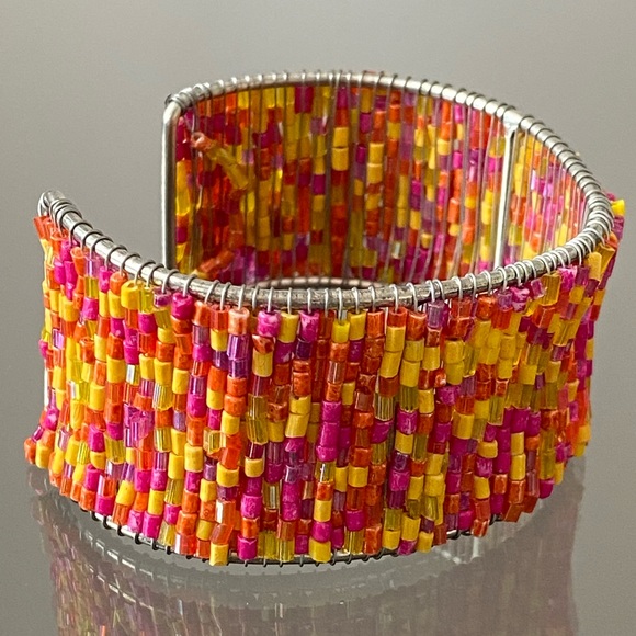Boho Beaded Pink & Yellow Cuff Bracelet - Picture 3 of 4
